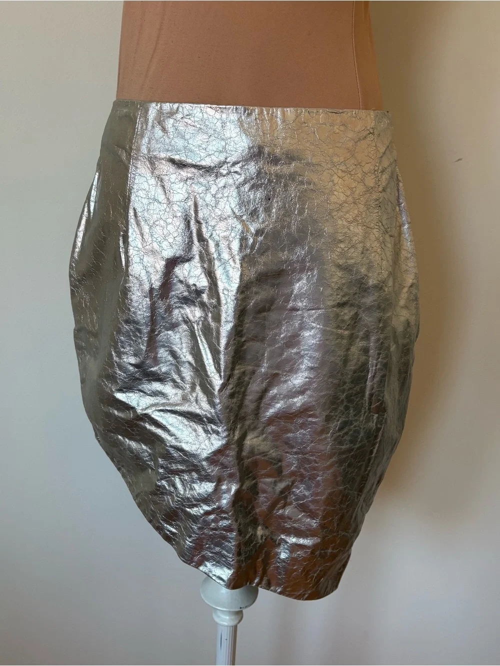 Zeynep Arcay Asymmetric Mini Silver Crackle Lamb Leather Skirt Size US 6